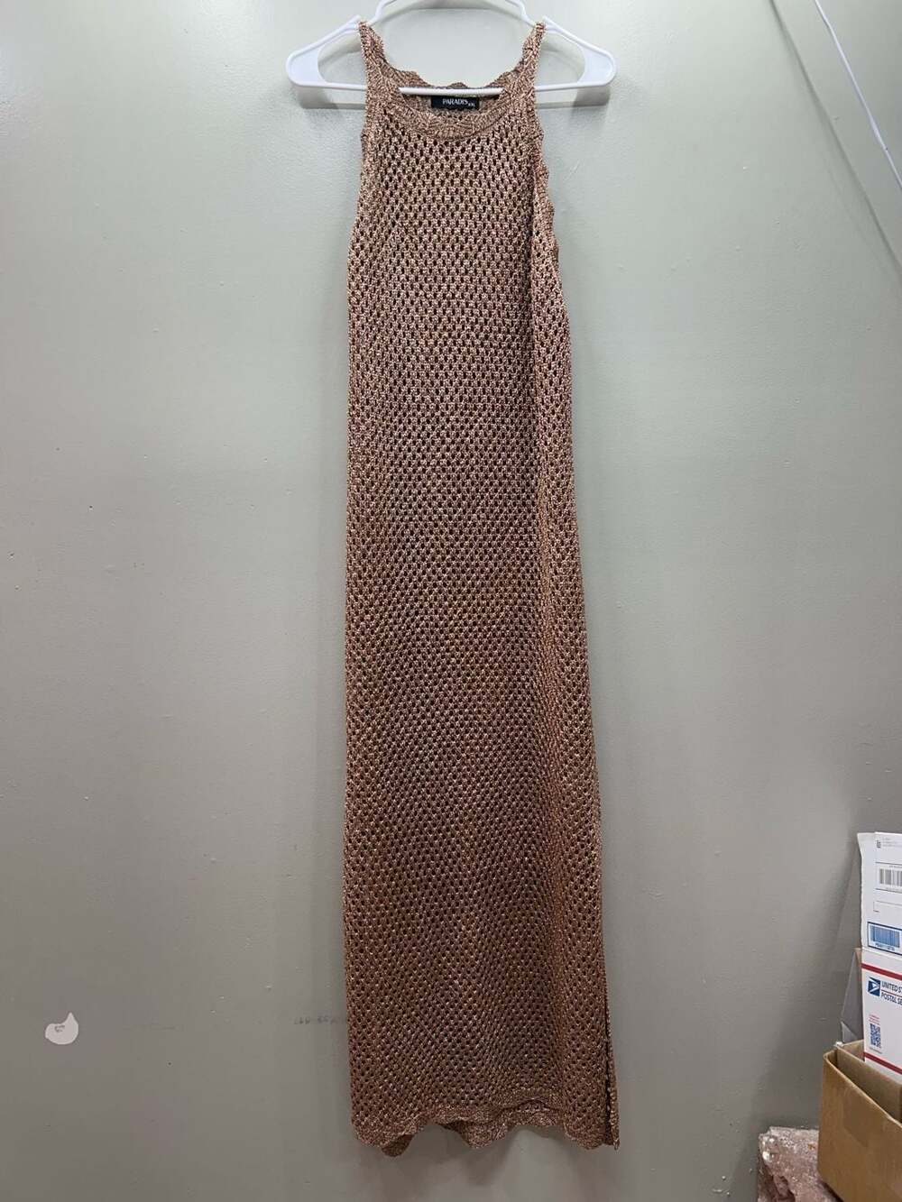 Paradis Metallic Knit Maxi Dress in Bronze Gold